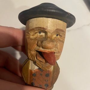1950s Anri wood carving michanical bottle stopper. Sticks Tongue Out.